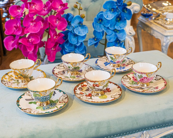Handcrafted Porcelain Tea-Coffee Cups Set of 6, Porcelain Tea-Coffee Cups with Saucers, Hand Painted Bird Details, Gift Set