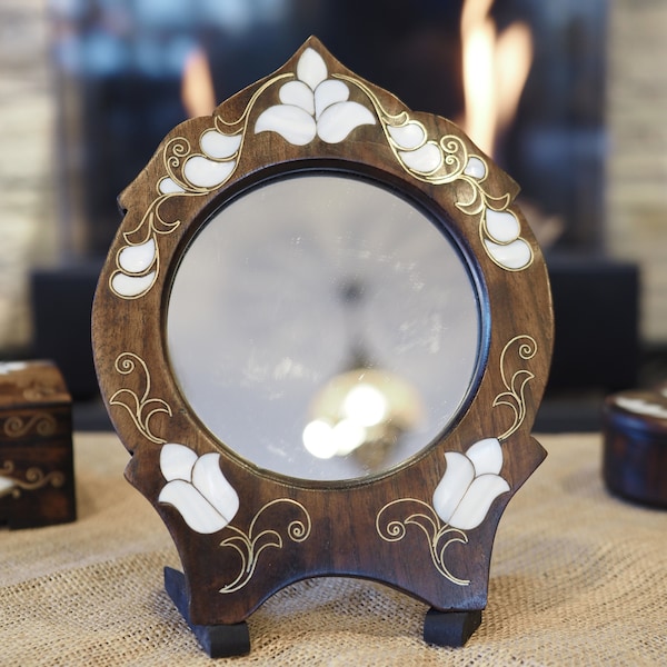 Mother of Pearl Inlaid Wooden Table Top Mirror, Handmade Wooden Mirror, Wood Gift, Made from Walnut Wood