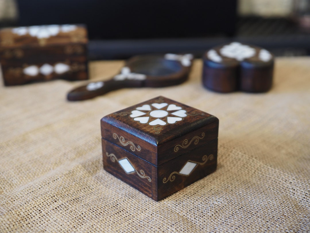 Handmade Wooden Jewelry Box, Mother of Pearl Embroidered Wood Jewelry