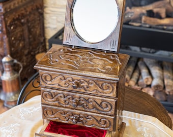 Caja de madera hecha a mano con espejo y cajón, organizador de joyas, caja de madera para joyas, regalo para mamá, regalo para abuela, regalo tradicional