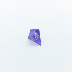 May include: A purple four-sided dice with silver numbers.