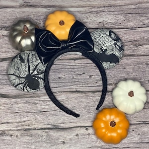 Dark Night Bats and Spider Horror Story Halloween Disney Minnie Mouse Ears with Black Faux Leather Bow