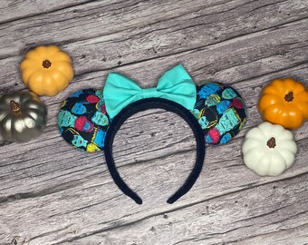 Classic Horror Monster Halloween Disney Minne Mouse Ears with Neon Bow