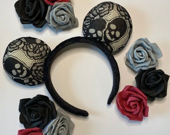 Gothic Halloween Skull and Roses Mouse Ear Headband