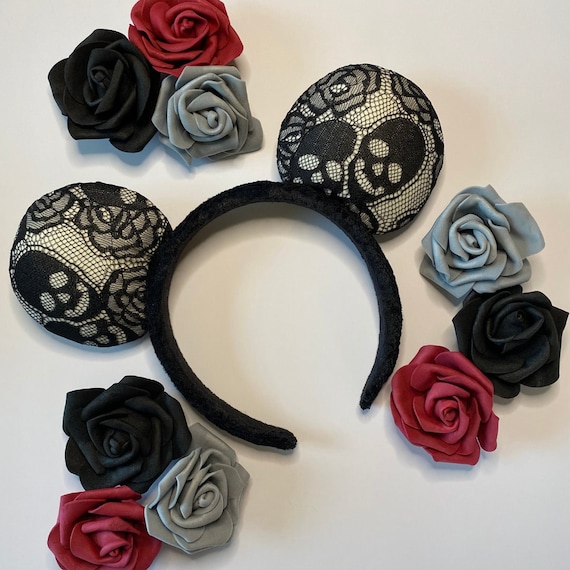Gothic Halloween Skull and Roses Mouse Ear Headband - Etsy display picture 2