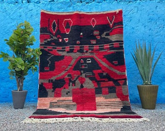 Handmade Beni Ourain Rug: Red & Black Berber Wool Rug, Custom Size