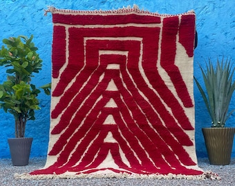 Handmade Red Berber Wool Rug: Moroccan Beni Ourain Area Rug 8x10