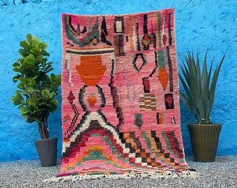 Handmade Pink Boujad Rug: Large Authentic Moroccan Berber Wool Rug