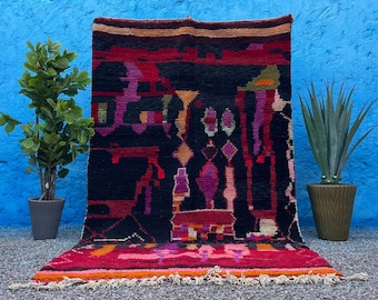 Handmade Beni Ourain Rug: Black, Purple & Red Moroccan Style