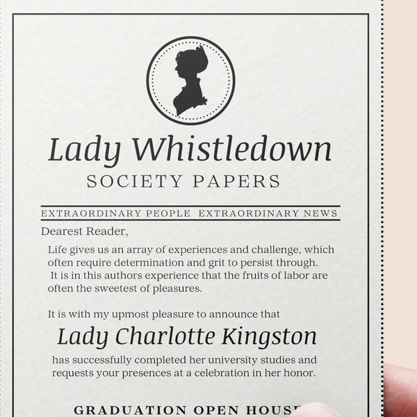 EDITABLE Lady Whistledown Bridgerton Theme Graduation Announcement Open House Invitation