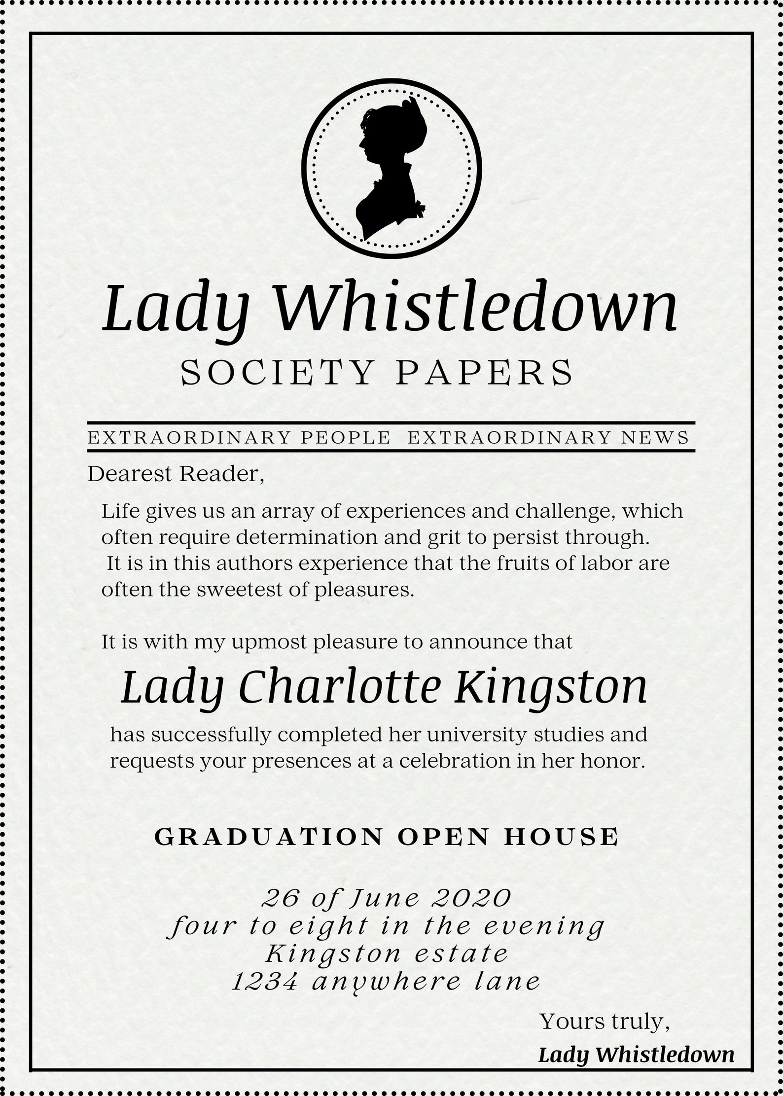EDITABLE Lady Whistledown Bridgerton Theme Graduation Announcement Open EDITABLE Lady Whistledown Bridgerton Theme Graduation Announcement Open