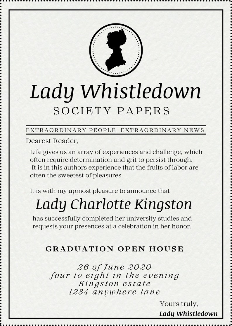 EDITABLE Lady Whistledown Bridgerton Theme Graduation Announcement Open EDITABLE Lady Whistledown Bridgerton Theme Graduation Announcement Open