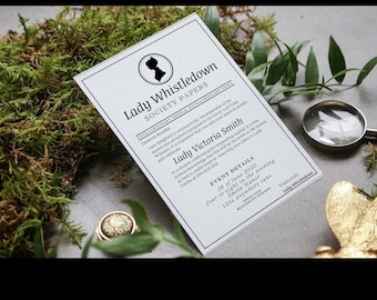 Plantilla EDITABLE de Invitación para despedida de soltera con tema Bridgerton de Lady Whistledown