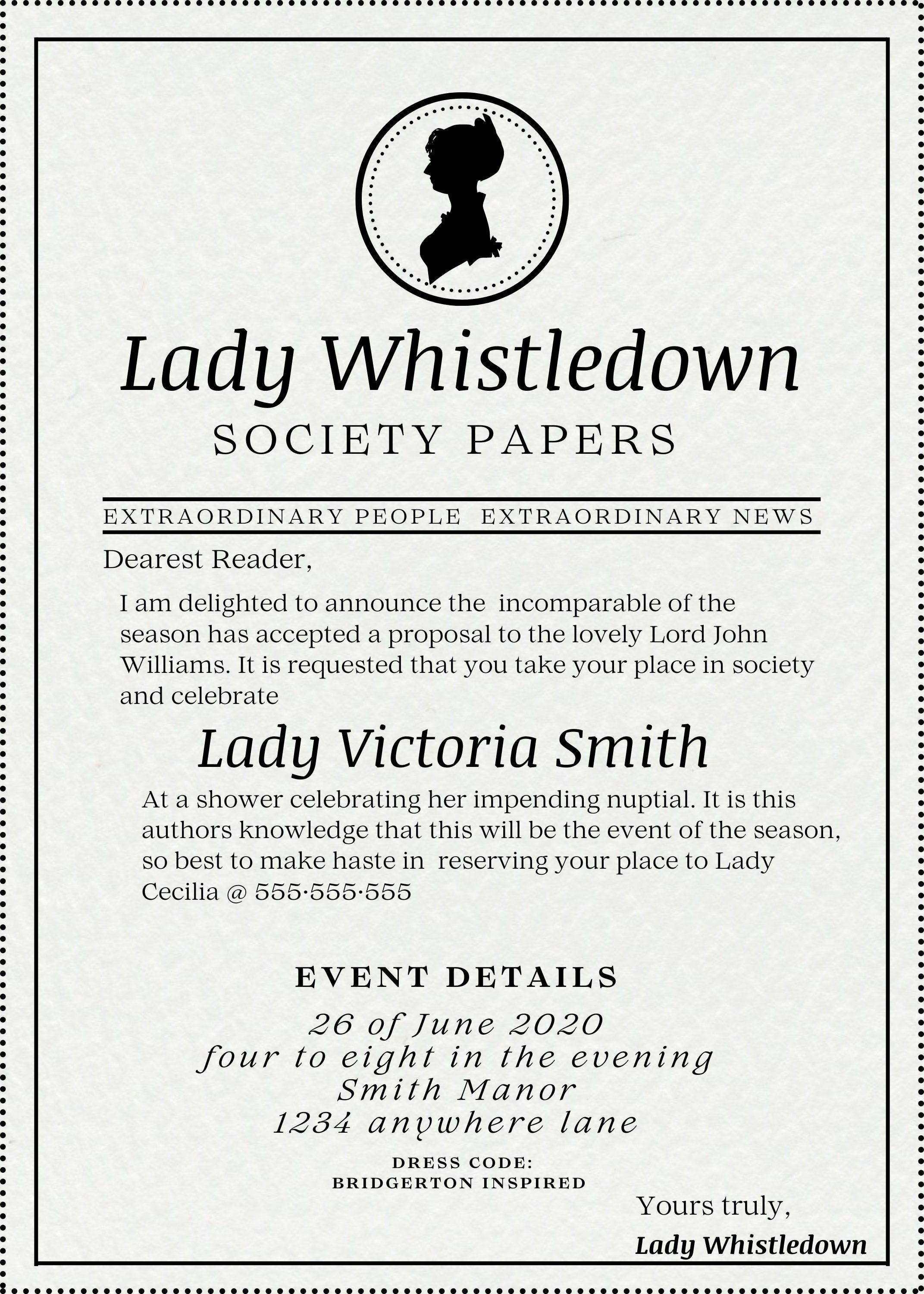 EDITABLE Lady Whistledown Bridgerton Theme Bridal Shower Invitation EDITABLE Lady Whistledown Bridgerton Theme Bridal Shower Invitation