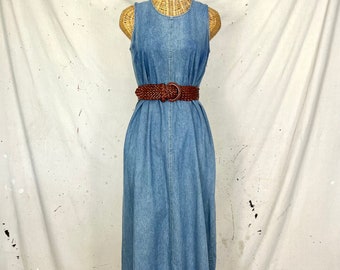 the bristol denim dress Susan Bristol Vintage Jean Denim Sleeveless Maxi Dress Button Down With Pockets