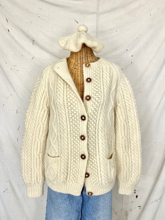 Vintage Hand Knit Irish Wool Cardigan & Beret Set… - image 2