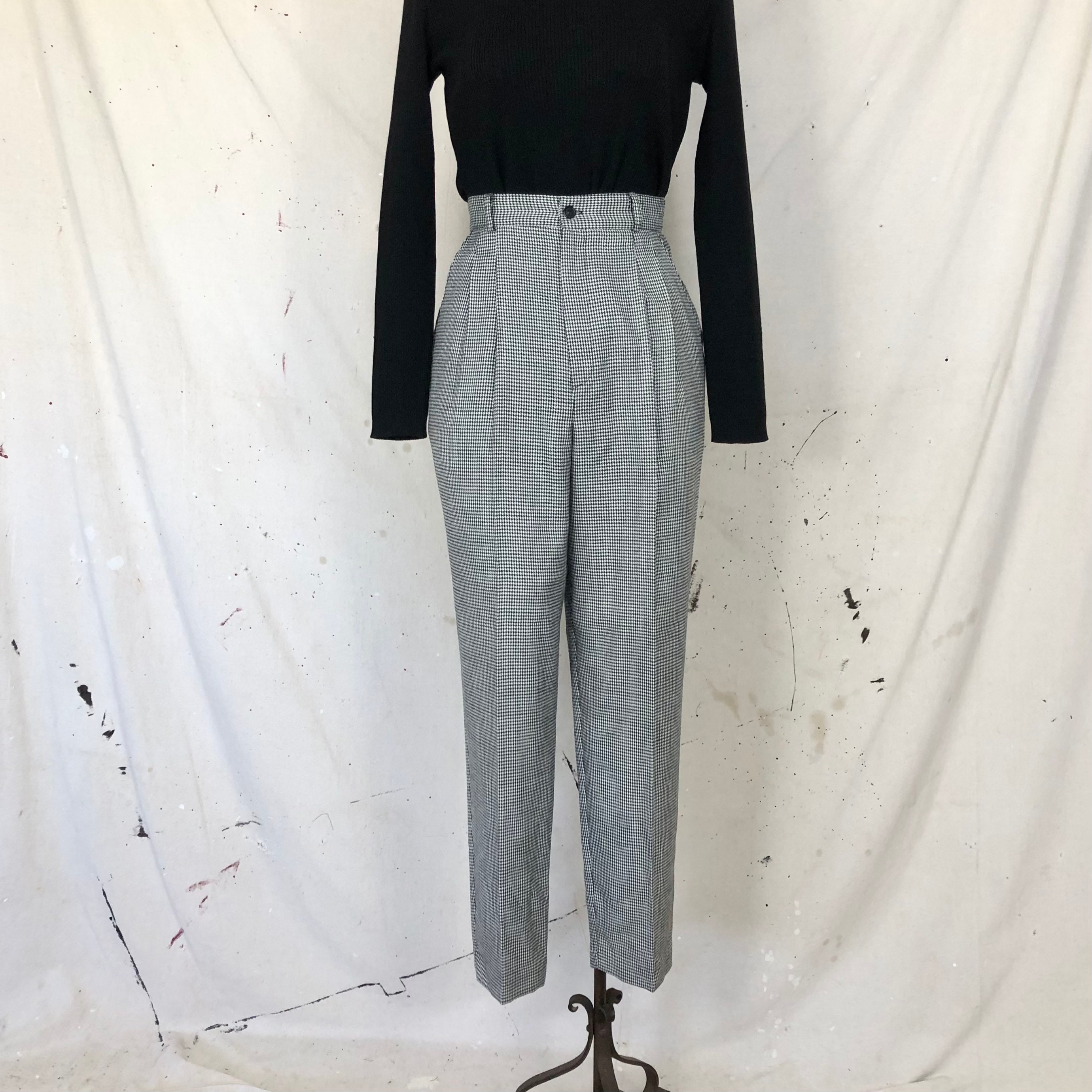 Vintage 90s Cream Tan Houndstooth Wool Trouser Dress Pants Size 10