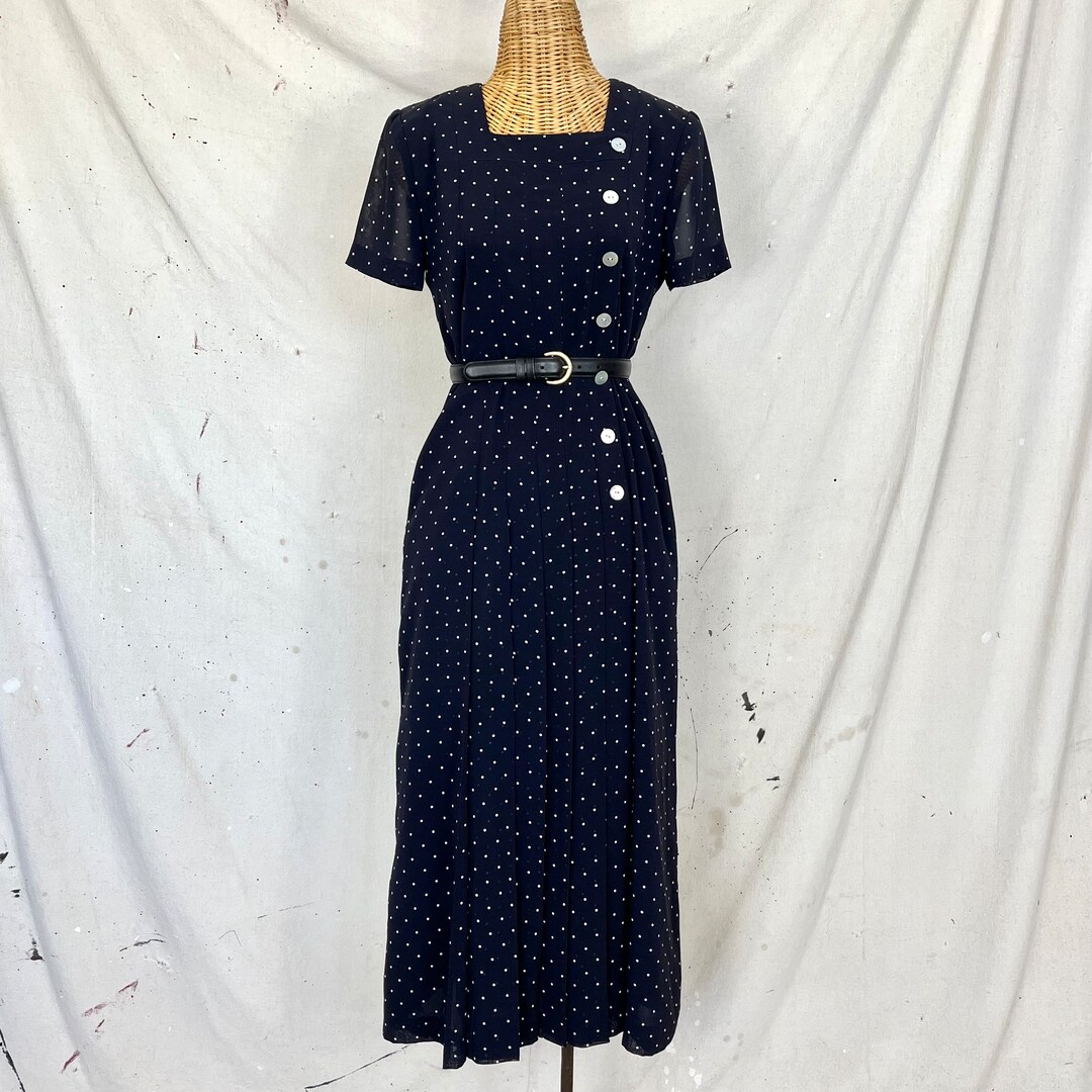 Vintage Polka Dot Pleated Midi Dress M Etsy