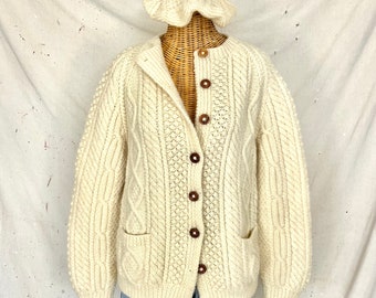 vintage Hand Knit Irish Wool Cardigan &Beret Set (M-L)