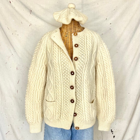 Vintage Hand Knit Irish Wool Cardigan & Beret Set… - image 1