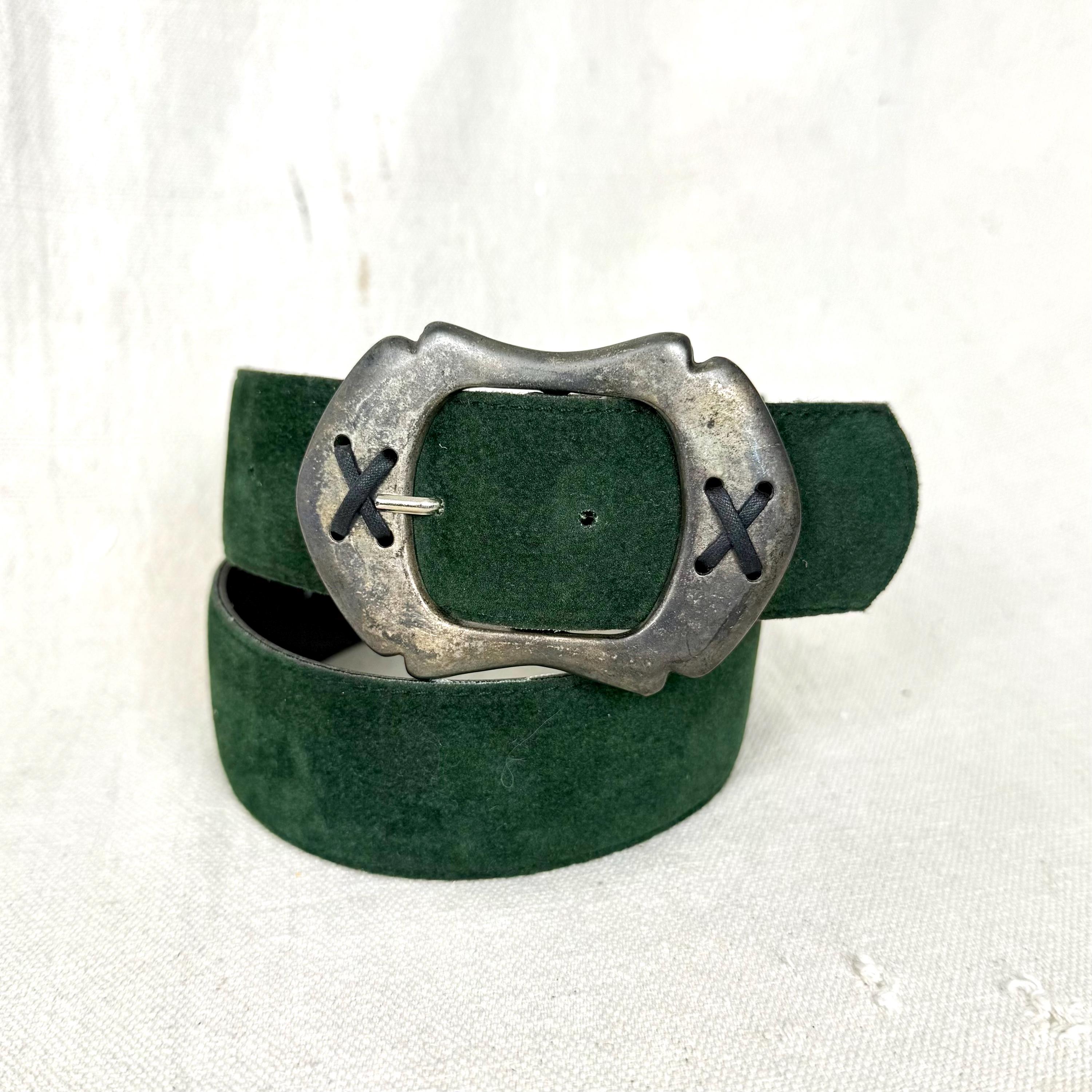 VINTAGE 80s Sage/Olive Suede Gold Tone Bling Studded Fashion Belt - unique! olive-thick-suede-with-gold-  main image 2