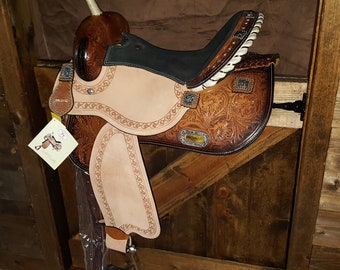 HORSE SADDLE  14" Double T Barrel Saddle with Barrel Racer Conchos Full QH Bars Medium Oil Western Horse Tack + Free Tumbler Free Shipping