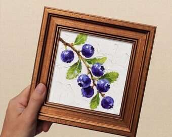 A Blueberry - Original Fruit Oil Painting - 5x5 Hand-Painted Art on Canvas - Kitchen Wall Decor
