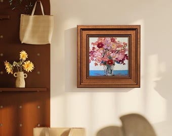 Hand-Painted Floral Oil Painting, Pink Flower,Framed Canvas Art on Canvas, 4x4