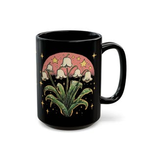 Mug noir muguet, tasse florale, tasse d'anniversaire, tasse fleur de naissance, cadeau meilleur ami, cadeau de mariage, cadeau d'anniversaire, tasse fleur, tasse de mai