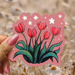 Rote Tulpen und Sterne wasserdicht Vinyl Aufkleber, Blumenaufkleber, Hexe Aufkleber, Baby-Dusche-Geschenk, Bester Freund, Geburtstagsgeschenk, Kindle Aufkleber