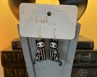 Black Cat Skeleton Earrings / Acrylic / Halloween Jewelry / Spooky Kitty