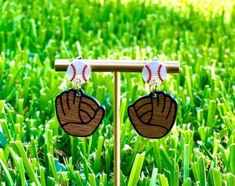 Baseball wood and acrylic earrings/handmade dangle earrings/laser cut earrings