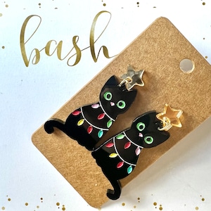 Christmas Cat Earrings/Christmas Dangle Earrings/Handmade Earrings/Black Cat Earrings/Holiday Cat Earrings/Cat Christmas Earrings