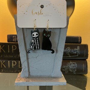 Black Cat Skeleton Earrings / Acrylic / Halloween Jewelry / Spooky Kitty Black-Black Skeleton