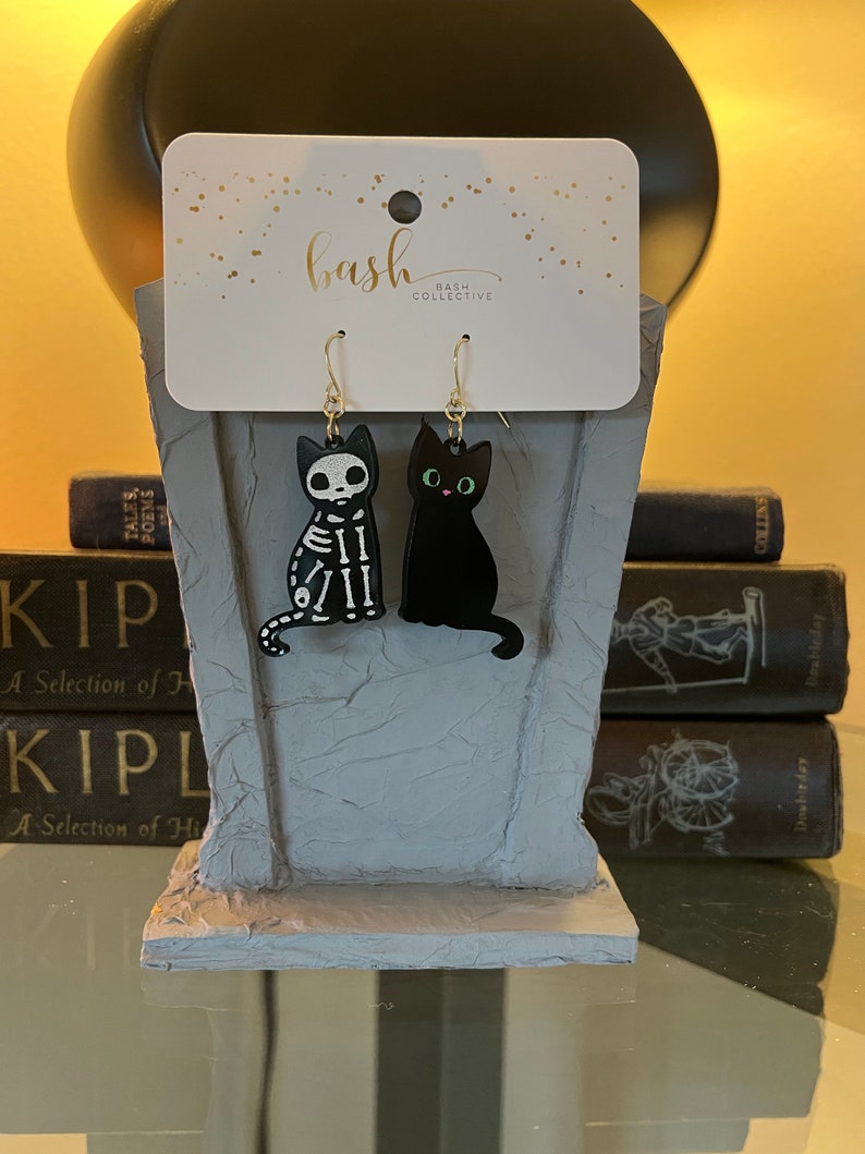 Black Cat Skeleton Earrings / Acrylic / Halloween Jewelry / Spooky Kitty Black-Black Skeleton