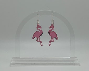 Mirrored Pink Flamingo Dangle Earrings, Flamingo Earrings, Whimsical Fun Earrings, Retro Earrings