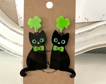 St. Patrick's Day Cat Acrylic Earrings/St. Patrick's Day Cat Earrings/St. Patrick's Day Earrings/Clover Cat Earrings/Leprechaun Cat Earrings