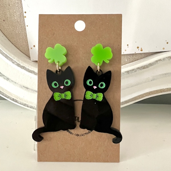 St. Patrick's Day Cat Acrylic Earrings/St. Patrick's Day Cat Earrings/St. Patrick's Day Earrings/Clover Cat Earrings/Leprechaun Cat Earrings
