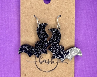 Bat Dangle Earrings / Bat Earrings / Halloween Jewelry / Spooky Jewelry / Acrylic