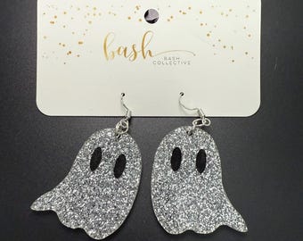 Large Silver Glitter Ghost Earrings | Spooky Cute Halloween Jewelry | Acrylic Ghost Dangle Earrings | Fun Fall Accessory | Ghost Earrings