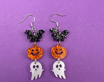 Bat Pumpkin Ghost Earrings / Bat Earrings / Pumpkin Earrings / Ghost earrings / Halloween Earrings / Spooky Earrings / Halloween Jewelry
