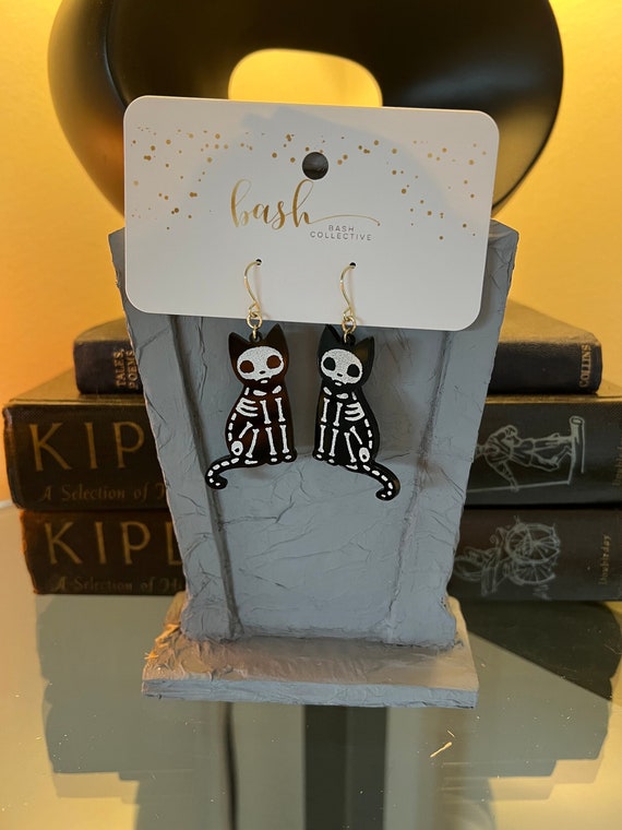Black Cat Skeleton Earrings / Acrylic / Halloween Jewelry / Spooky Kitty