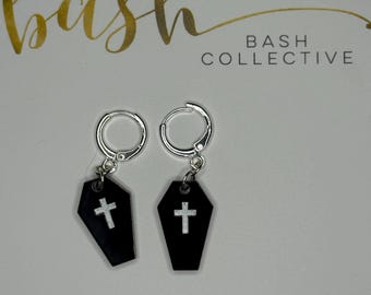 Gothic Coffin Earrings with Cross / Black Acrylic Dangle Earrings / Spooky Halloween Jewelry / Goth Alternative Style