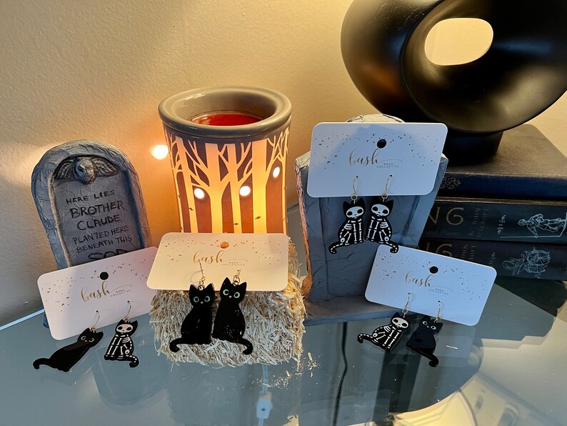 Black Cat Skeleton Earrings / Acrylic / Halloween Jewelry / Spooky Kitty image 2