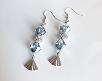 Light Blue Glass and Matte Silver Dangle Earrings | Art Deco elements