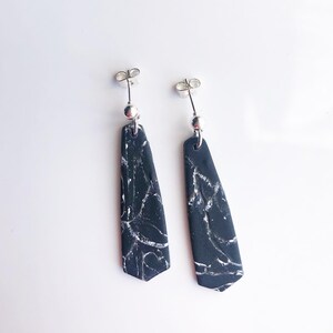 Long Black & White Marbled Chevron Earrings