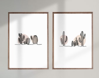 Neutral Saguaro Cactus Line Art Set of 2,  Beige Neutral Tone Botanical Wall Art, Boho Minimalist Decor, Botanical Line Art Prints, SU005