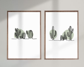 Saguaro Cactus Line Art Set of 2, Sage Green Botanical Wall Art, Boho Minimalist Decor, Living Room Decor, Succulent Green Art, SU004