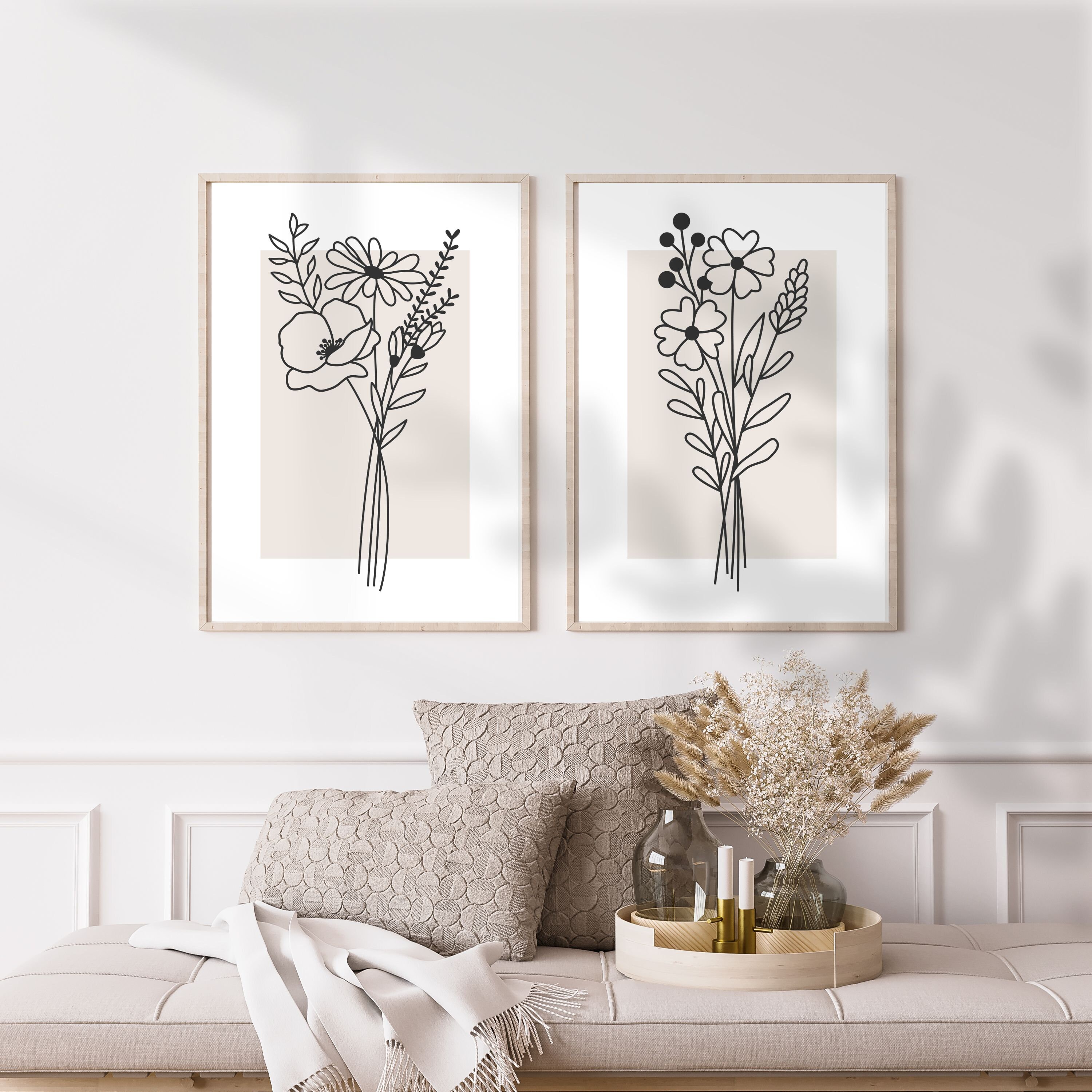 Neutral Flower Bouquet Line Art Set of 3 Prints, Minimalist Botanical ...
