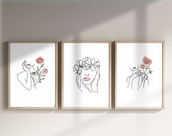Woman Line Art Set of 3 Prints, Floral Line Art Set, Boho Botanical Wall Art, Modern Minimal Chic Wall Poster, Fine line Art, FL003